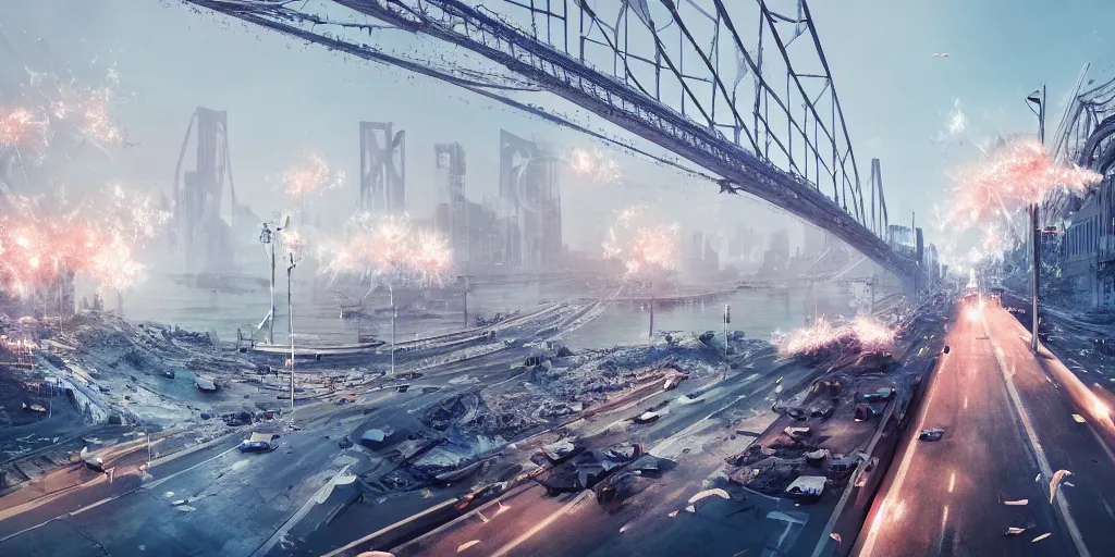 Image similar to explosions in the form of realistic white cotton plants on harbour bridge, huge white cotton everywhere on the destroyed harbour bridge, smooth, sharp focus, highly detailed, 3 d octane render, epic lighting, lots of white cotton, 8 k, by by petros afshar, tom whalen, laurie greasley