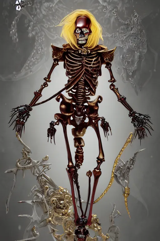 Prompt: androgyne lich skeleton made of iridescent metals and shiny gems covered with blood, long red hair, golden necklace, skeleton inspired by ross tran and wlop and masamune shirow, ultra realistic, concept art, intricate details, highly detailed, photorealistic, octane render, 8 k, unreal engine. dnd art by artgerm and greg rutkowski and alphonse mucha