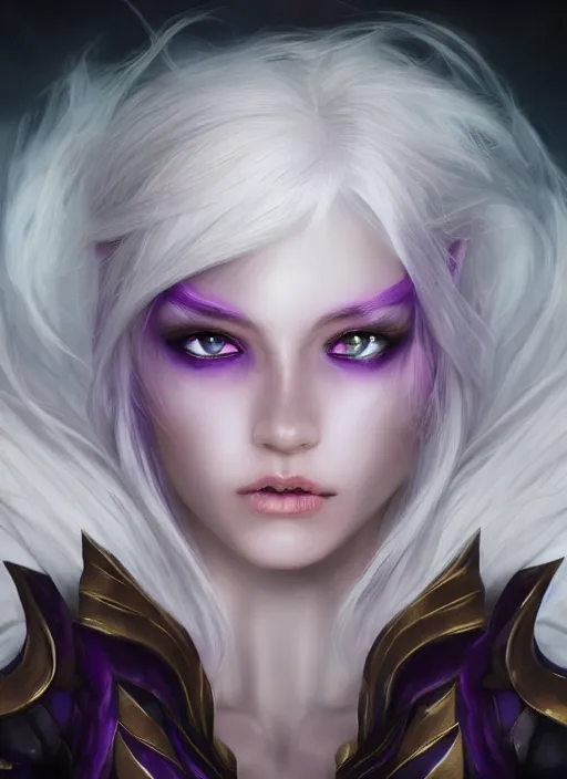 Prompt: syndra, from league of legends, white hair, purple magic, hyper detailed, digital art, au naturel, with abs, trending in artstation, cinematic lighting, studio quality, smooth render, unreal engine 5 rendered, octane rendered, art style by klimt and nixeu and ian sprigger and wlop and krenz cushart