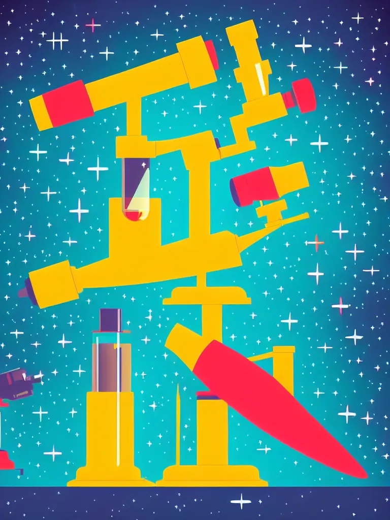 Image similar to editorial illustration scientific lab test tube telescope microscope spaceship, colorful modern, mads berg