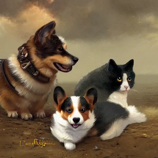 Image similar to corgi and a cat are bestfriends geog darrow greg rutkowski