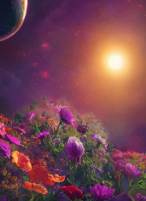 Image similar to An epic fantastic realism comic book style painting of the most beautiful flowers launched into space, bouquets, solar eclipse, fisheye, unreal 5, DAZ, hyperrealistic, octane render, dynamic lighting