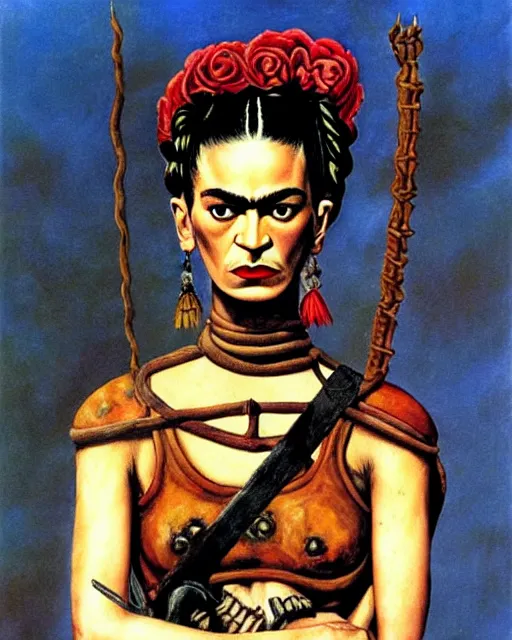 Image similar to portrait of a skinny punk frida kahlo wearing armor by simon bisley, john blance, frank frazetta, fantasy, thief warrior