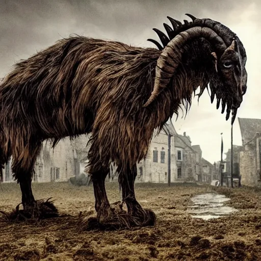 Prompt: horror, moody, still from film, daytime, muddy village square, wide shot, huge, roaring mutant goat monster, powerful, creeping along on ugly stumpy legs, filthy jagged teeth in unnaturally large mouth, matted dirty fur, in muddy medieval village square