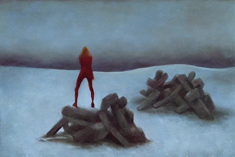 Image similar to a surrealist painting of a lonely woman with pale skin and red hair, standing over pile of bodies in post apocalyptic snowy landscape, painted by zdzisław beksinski