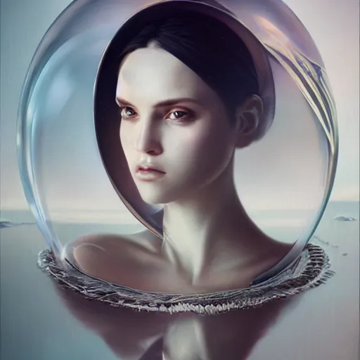 Prompt: ultra realist soft painting of a centered floating transparent glass sphere, beautiful horned female in long curvy dress background by Tom Bagshaw, reflection and refraction, symmetry accurate features, very intricate details, deep fog, , artstation