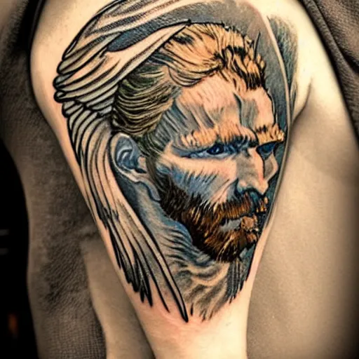 Image similar to realism!!!! tattoo!!!!! design sketch of a Magestic Angel, van gogh!! style, in the style of Da Ink