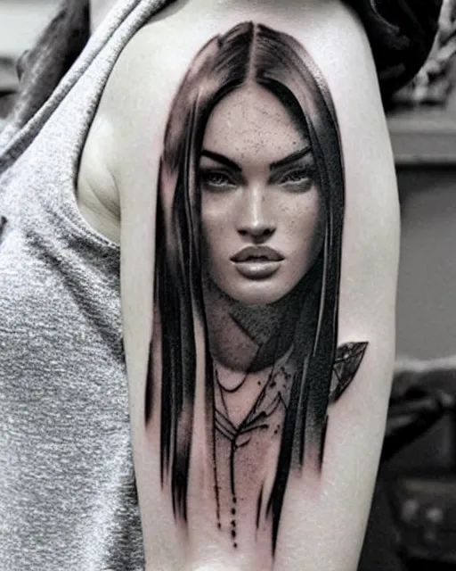 Prompt: creative double exposure effect tattoo design sketch of megan fox faded with beautiful mountain scenery, realism tattoo, in the style of matteo pasqualin, amazing detail, sharp