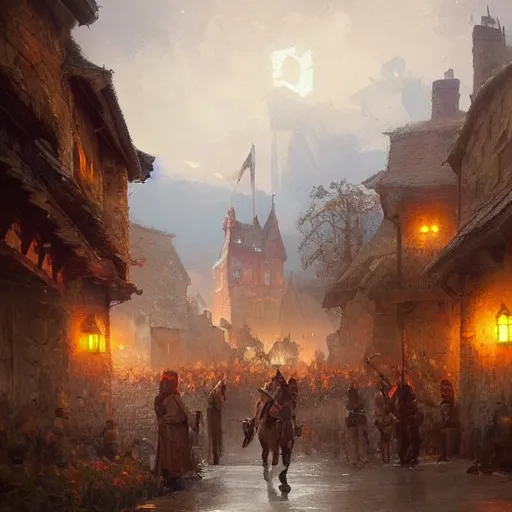Prompt: High quality painting of a medieval town revolution by Greg Rutkowski and Thomas Kinkade, Trending on Artstation