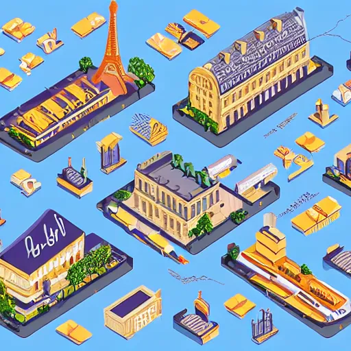 Prompt: illustration of paris city with bars, restaurant, museum, terrace, offices in the style of pascal blanchet, isometric