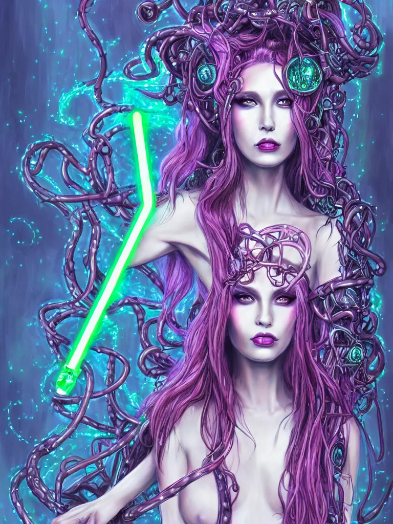 Image similar to half body portrait of a beautiful cyber witch medusa, in a cyberpunk garden, mystic unity, elegant pose, body covers with neon crystals, detailed sketch drawing, concept art, star wars