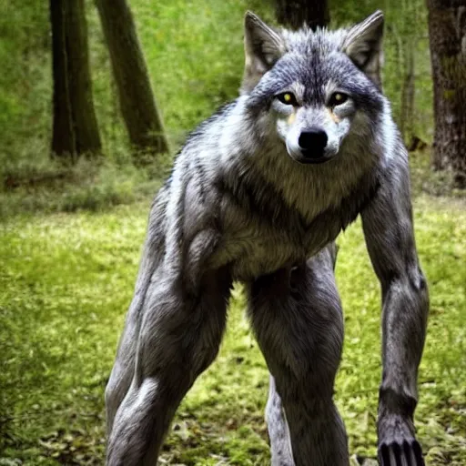 Image similar to human! wolf werecreature, photograph captured at woodland creek