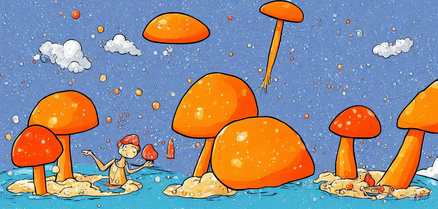 Image similar to a giant mushroom and a giant carrot aking a warm bubble bath, digital art in the style of Ralph goings
