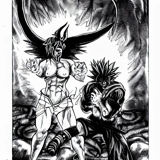 Image similar to Baphomet fistfighting a savage woman with wild spiky black Saiyan hair, dark dungeon, bloody walls, fantasy art, absurd quality