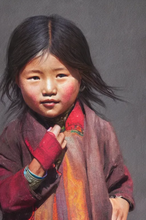 Image similar to Tibetan little girl, joyful, close-up portrait, intricate, elegant, volumetric lighting, scenery, digital painting, highly detailed, artstation, sharp focus, illustration, concept art, ruan jia, steve mccurry