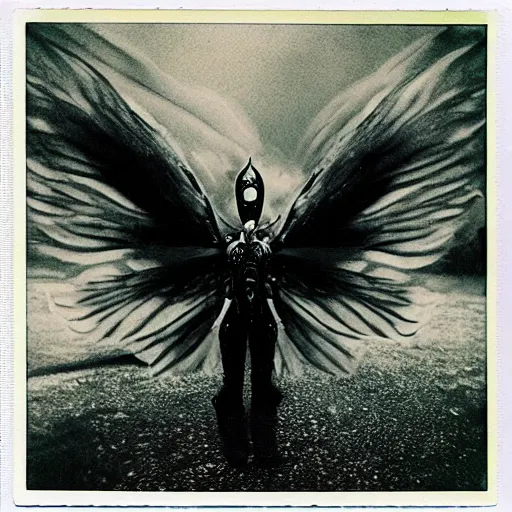 Image similar to a dark artistic photo of an alien creature with crazy wings, a polaroid photo