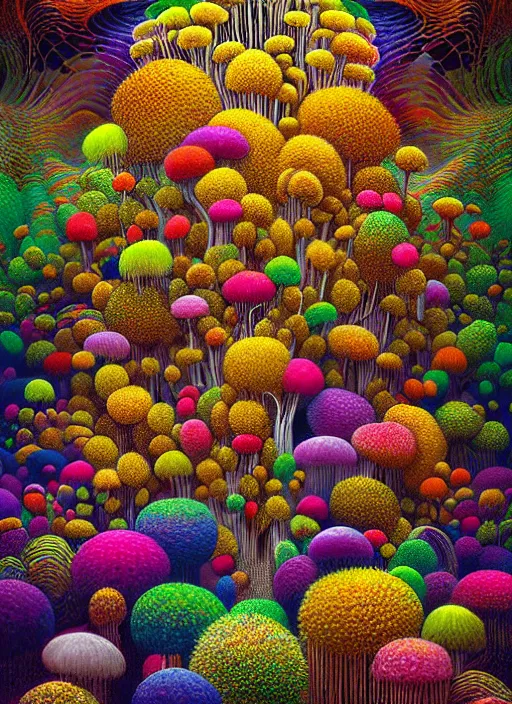 Prompt: hyper detailed 3d render like a Oil painting - the secret forest covered by a network of colorful yellowcake and aerochrome and milky Fruit , exotic flowers and a gossamer polyp blossoms bring iridescent fungal flowers whose spores black the foolish stars by Jacek Yerka, Mariusz Lewandowski, Houdini algorithmic generative render, Abstract brush strokes, Masterpiece, Edward Hopper and James Gilleard, Zdzislaw Beksinski, Mark Ryden, Wolfgang Lettl, Dan Hiller, hints of Yayoi Kasuma, octane render, 8k