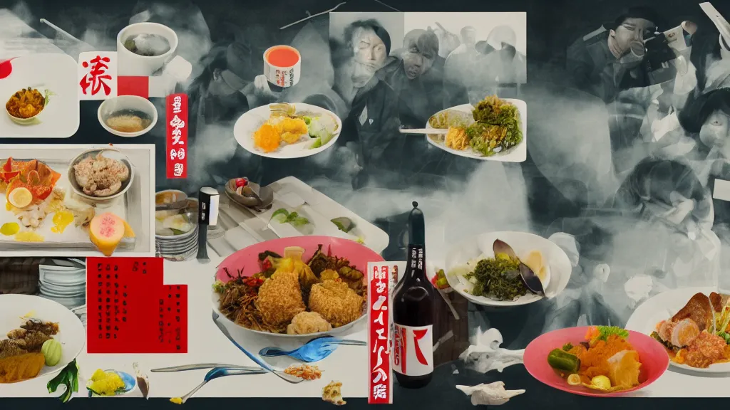 Prompt: tourist's meal on the bullet train, rural japan, a collage painting, in the style of wes anderson, lola dupre, david hockney, isolated on negative white space background dark monochrome neon spraypaint accents volumetric octane render