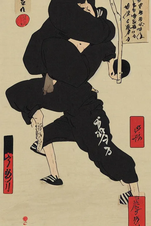 Image similar to Ukiyo-e art of squatting man in black Adidas tracksuit, birch trees