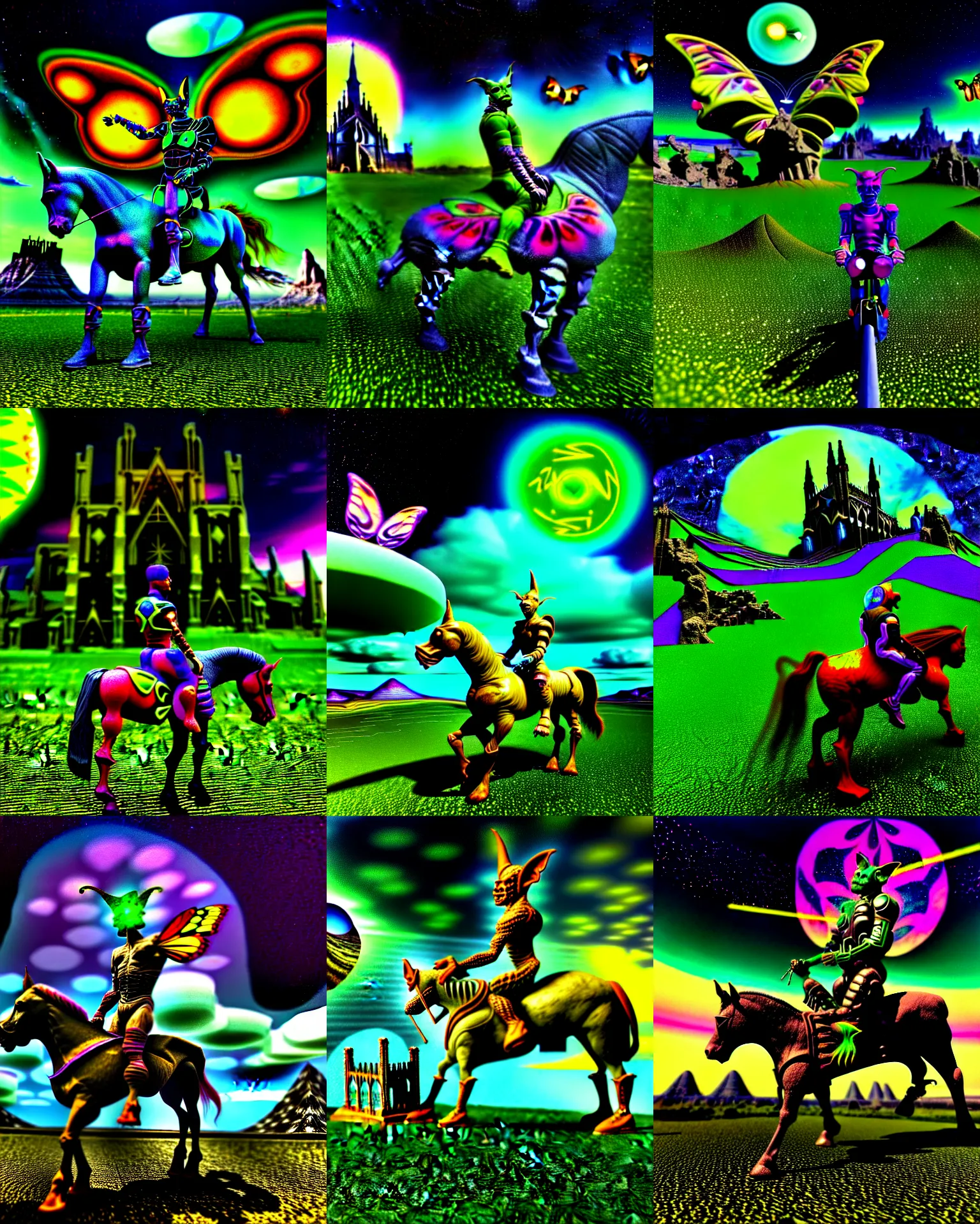 Prompt: 3 d render of cyborg goblin riding a horse standing in cybernetic mountain landscape with cathedral ruins against a psychedelic surreal background with 3 d butterflies and 3 d flowers n the style of 1 9 9 0's cg graphics against the cloudy night sky, lsd dream emulator psx, 3 d rendered 3 do magazine, medium close shot