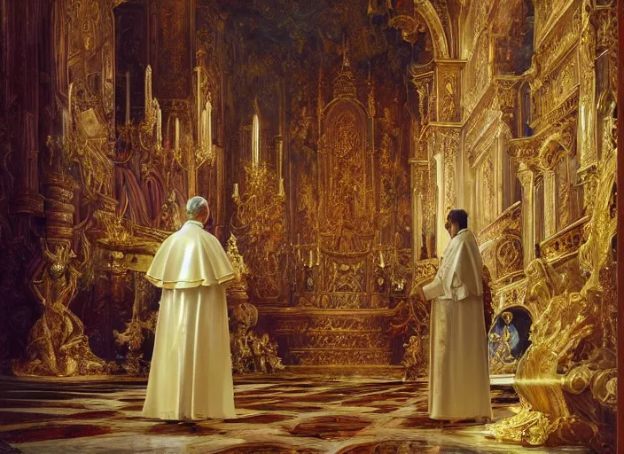 Image similar to kneeling before the pope, royal robe, gold trim, light effect, hyper detailed, intricate, atmospheric, elegant, photorealistic by paul lehr, marco mazzoni, featured on cgsociety, rococo, whimsical, artstation