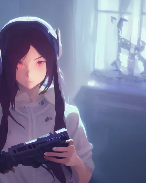 Image similar to gamer girl, full shot, atmospheric lighting, detailed face, by makoto shinkai, stanley artger m lau, wlop, rossdraws, james jean, andrei riabovitchev, marc simonetti, krenz c