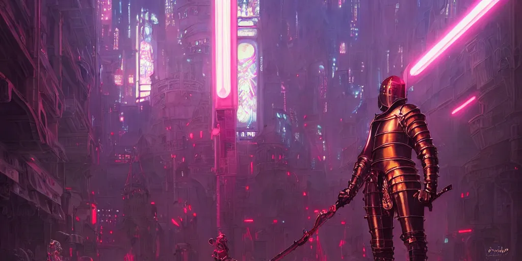 Image similar to medieval knight standing in a neon lit futuristic city, wlop, ilya kuvshinov, artgerm, krenz cushart, greg rutkowski, hiroaki samura, range murata, james jean, katsuhiro otomo, erik jones, serov, surikov, vasnetsov, repin, kramskoi