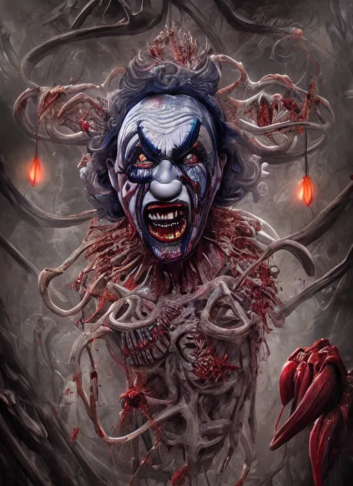 Image similar to evil horror clown, monster anatomy, ross tran, vivid colors, anatomical, highly detailed sculpture, intricate detailed, ommatidia, 8 k, cinematic atmosphere, post - processing