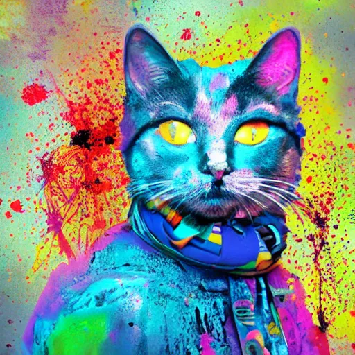 Image similar to portrait of cyberpunk cat, colorful, splatters, by ute osterwalder