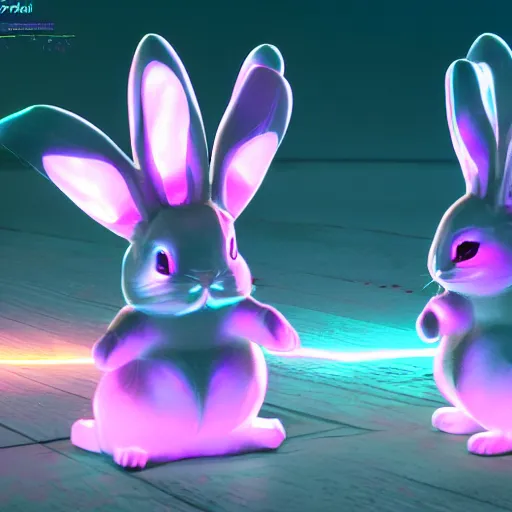 Prompt: neon fluorescent, iridescent cute bunny rabbits with fairy wings cyperpunk 2 0 7 7, unreal engine 5, 8 k ultra realistic, hyperdetailed, volumetric lighting, extremely high quality, vector art, illustration by frank frazetta