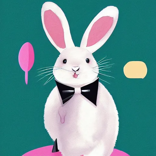 Prompt: The rabbit is a fluffy white bunny with big ears. It has a cute pink nose and black eyes. It looks like it's ready to hop around and have some fun! by Balaskas Christopher