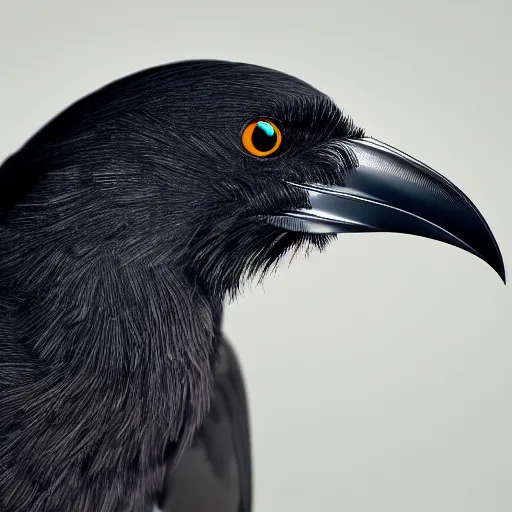 Prompt: portrait of a crow looking over his shoulder, body facing forward and head backwards towards the viewer, unreal engine 5, highly detailed and crisp render of distressed feathers, eyes made out of reflective chrome like a mirror