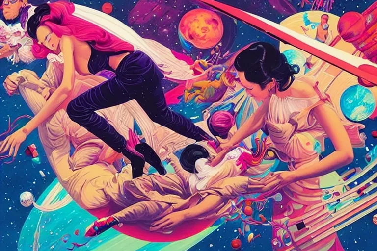 Image similar to supermodel pillow fight in space, tristan eaton, victo ngai, artgerm, rhads, ross draws