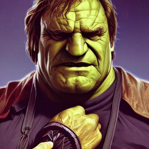 Image similar to [Gérard Depardieu as the Hulk as GTA character, closeup, D&D, intricate, elegant, highly detailed, digital painting, artstation, concept art, matte, sharp focus, illustration, art by Artgerm and Greg Rutkowski and Alphonse Mucha and Enki Bilal]