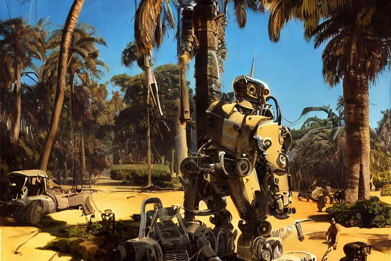 Image similar to natural american landscape | robot repairing another robot | palm trees, painting by syd mead and weta studio and james jean, frank frazetta, highly detailed, rule of third, soft lighting, 8 k resolution, oil on canvas, architectural magazine, beautiful detailed, insanely intricate details, artstation trending, hypermaximalistic, high details, cinematic