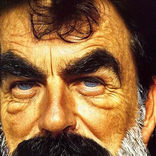 Prompt: tom selleck portrait photograph by chuck close