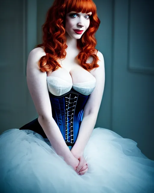 Image similar to perfectly - centered!! looking at the camera!!! full body photograph of young christina hendricks wearing a corset, bright lighting, godrays, intricate abstract upper body, zeiss lens, cinematic lighting, sharp focus, bokeh, smooth, filmstill, photography, hyper realism, iridescent accents