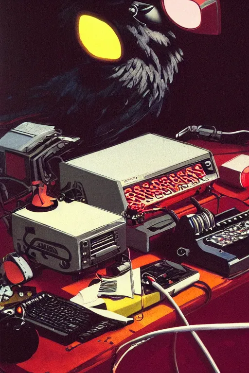 Image similar to a raven observing 8 0 s era technology, vintage shapes, retro technology, glowing color, wayne barlow, oil on canvas, deep depth of field, masterpiece, cinematic composition, hyperdetailed