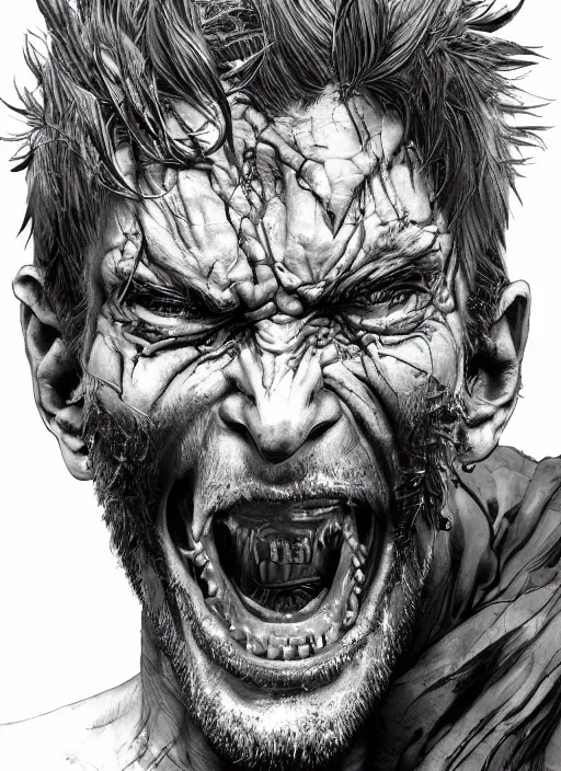 Image similar to close up portrait of an insane man, screaming, middle aged, scars, powerful, domineering, stoic, masterful, intense, ultrafine hyperdetailed illustration by kim jung gi, irakli nadar, intricate linework, sharp focus, octopath traveler, yoji shinkawa, highly rendered, detailed, concept art