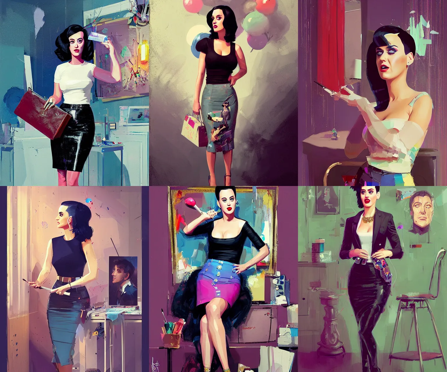 Prompt: katy perry as an uptight interior designer, pencil skirt, pursed lips, snobby expression, portrait, ismail inceoglu, artgerm, tom whalen