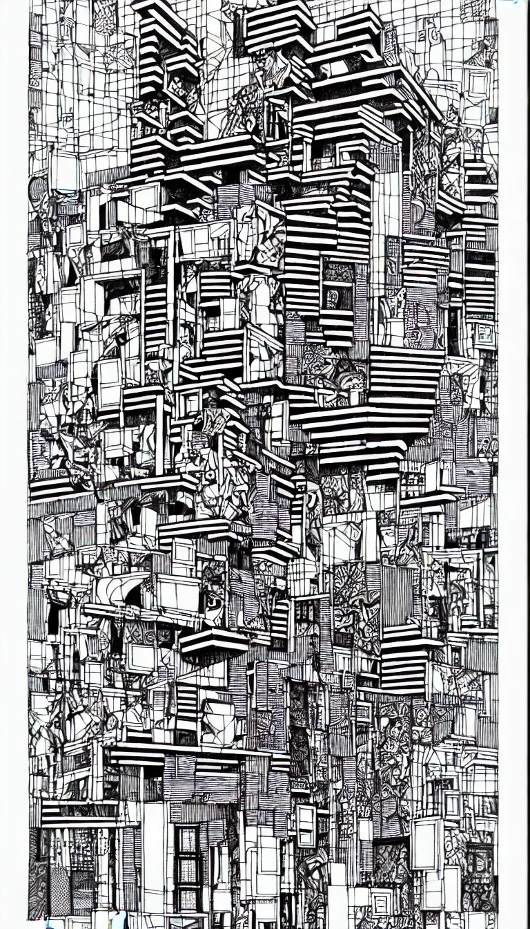 Image similar to a black and white drawing of a building, a detailed mixed media collage by hiroki tsukuda and eduardo paolozzi, intricate linework, sketchbook drawing, street art, polycount, deconstructivism, matte drawing, academic art, constructivism