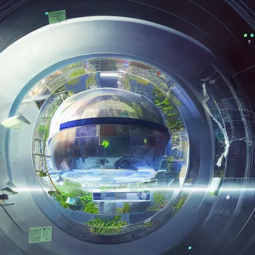 Prompt: spherical space station protected with glass, arthur clarke, lush hydroponics bays, sci - fi, digital art, sharp focus, concept art, cyberpunk, 8 k,