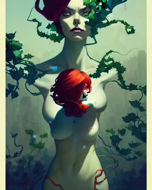 Image similar to peter mohrbacher, joshua middleton, phil noto comicbook cover art, artgerm, emma stone poison ivy, vines, symmetrical eyes, city rooftop