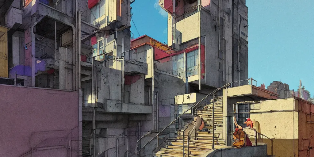 Image similar to neo brutralism, concrete housing, a long stairway going up, concept art, colorful, vivid colors, sunshine, light, shadows, reflections, oilpainting, cinematic, 3D, in the style of Akihiko Yoshida and Edward Hopper