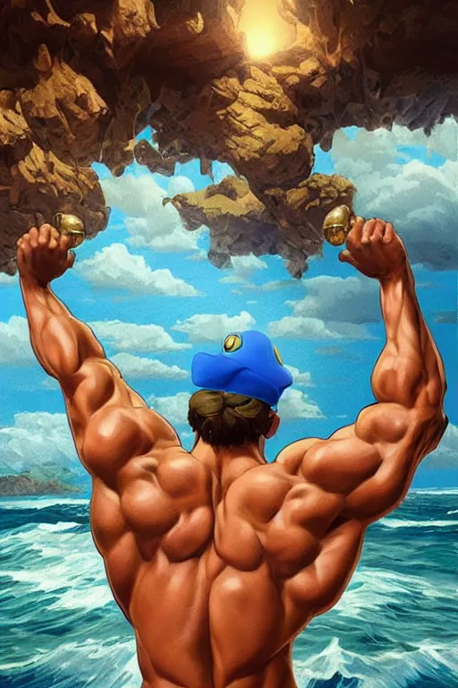 Prompt: gigachad bodybuilder luigi drinking the ocean by ilya kuvshinov, ernest khalimov body, super mario bros symmetrical face concept art, hyper realistic, intricate, elegent, highly detailed, digital painting, concept art, smooth, sharp, focus, illustration, art by artgerm and greg rutkowski and alphonse mucha, artstation