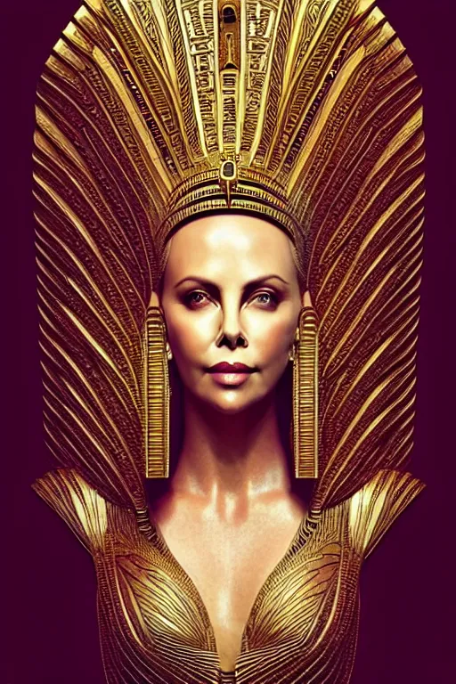 Prompt: Portrait of Charlize Theron as Cleopatra, intricate art deco leaf designs, elegant, highly detailed egyptian patterns, hieroglyph, sharp focus, art by Artgerm and beeple