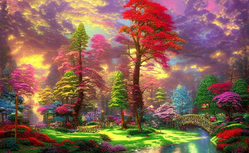 Prompt: psychedelic candy forest by thomas kinkade, matte painting!, intricate details!, fine brush!!!
