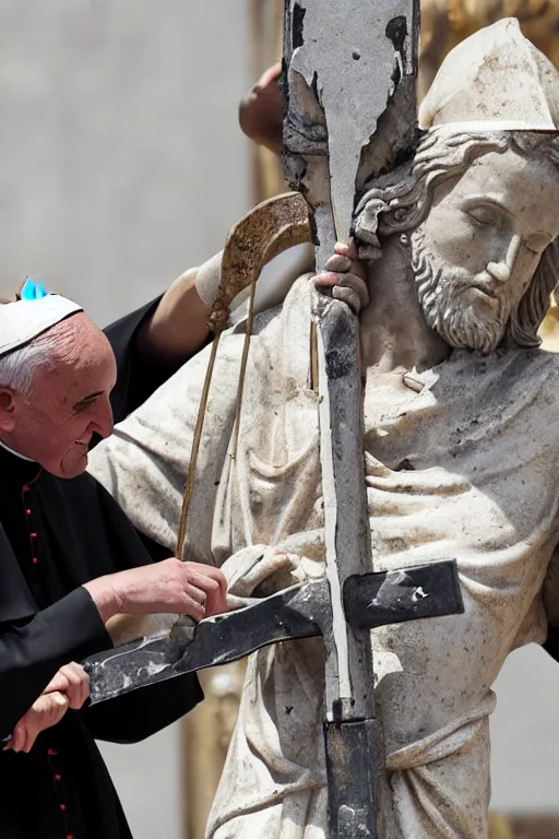 Image similar to the pope cutting a statue of jesus on the cross with a chainsaw