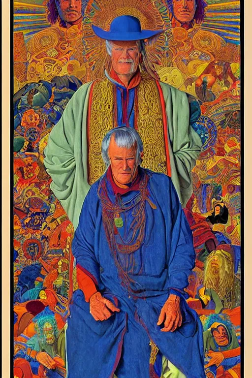 Image similar to an awesome jean giraud portrait of timothy leary in the style of a renaissance masters portrait, mystical and new age symbolism, tibetan book of the dead