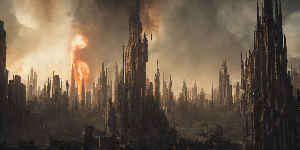 Prompt: gothic medieval cyberpunk city, giant explosion, fire, trail of smoke, high quality, detailed, 8k, unreal engine, octane render, trending on artstation